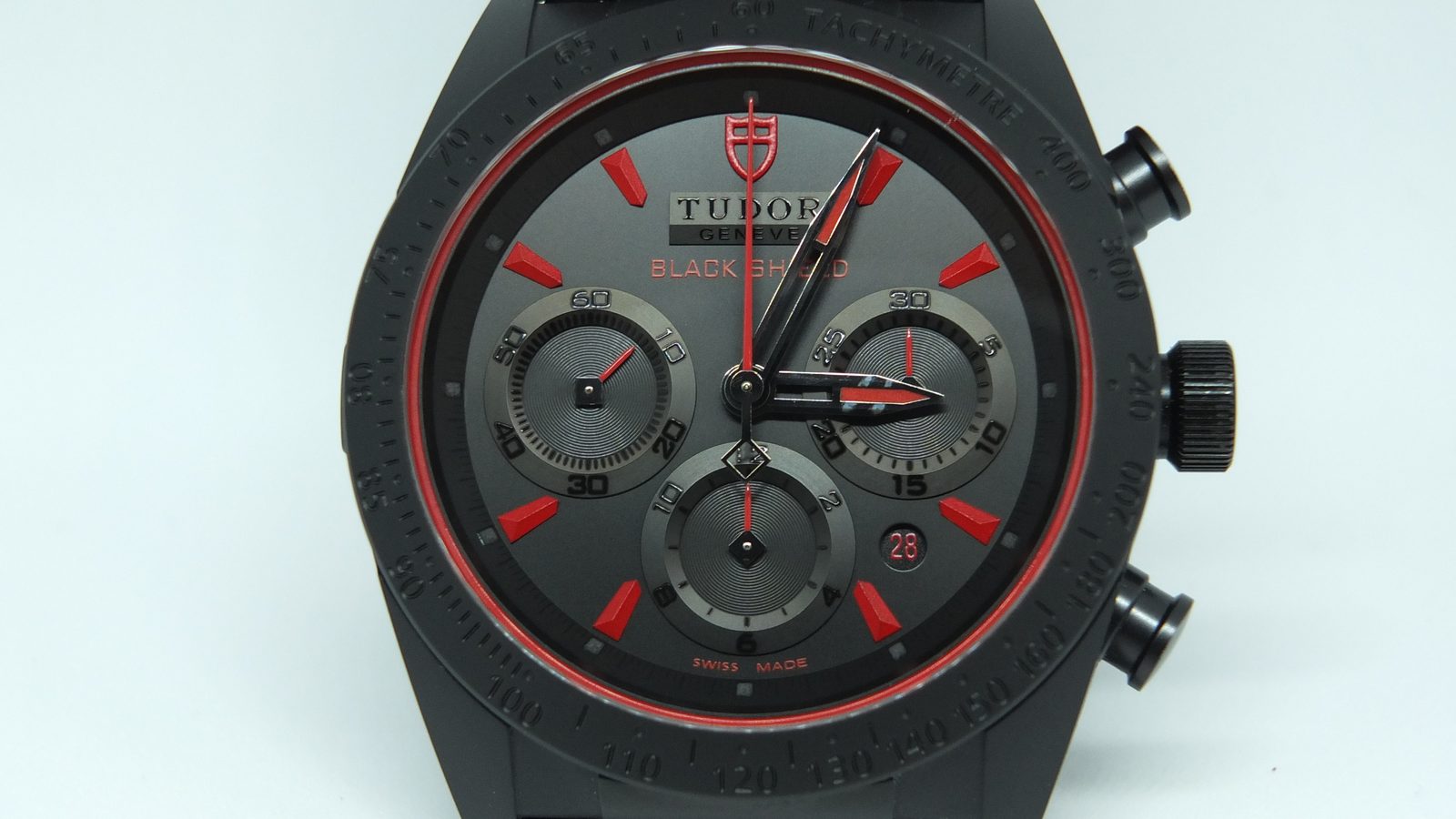 Tudor Black Shield chronograph dial close-up showing the grey sub-dials