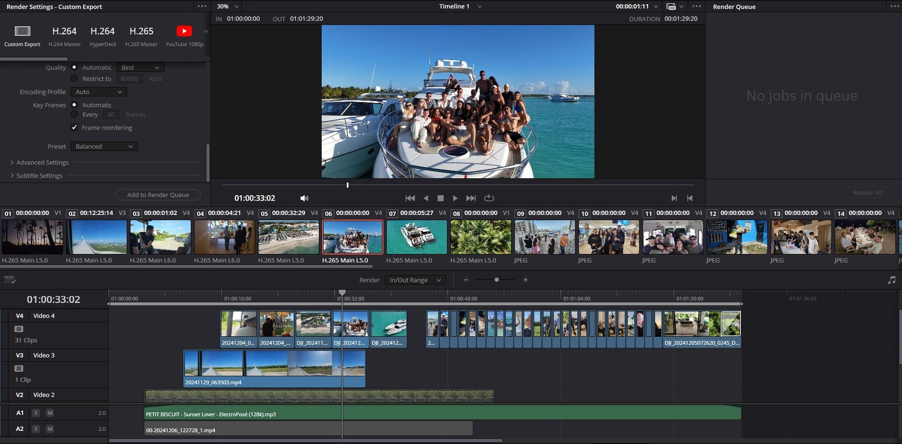 A DaVinci Resolve editing timeline showing a multi-clip travel video in progress